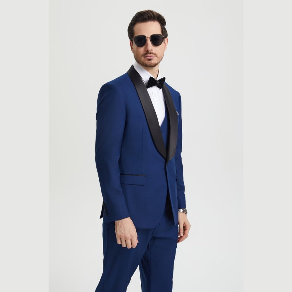 Stacy Adams 3pc Mens Tuxedo Hybrid Fit Shawl Lapel, Blue - Picture 3 of 5
